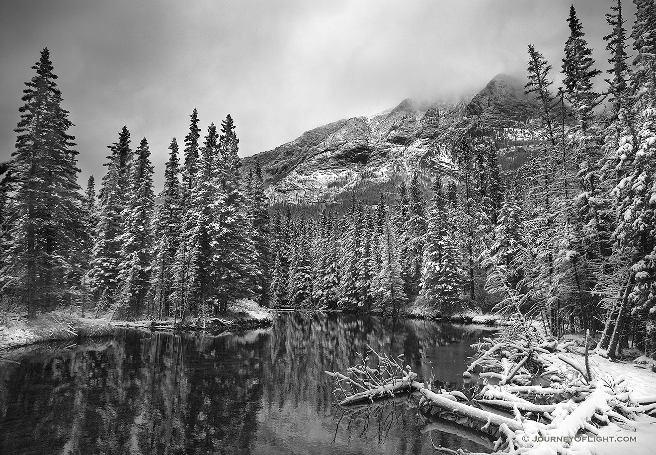 During a light late spring snowfall the water is still and the surroundings quiet. - Canada Picture