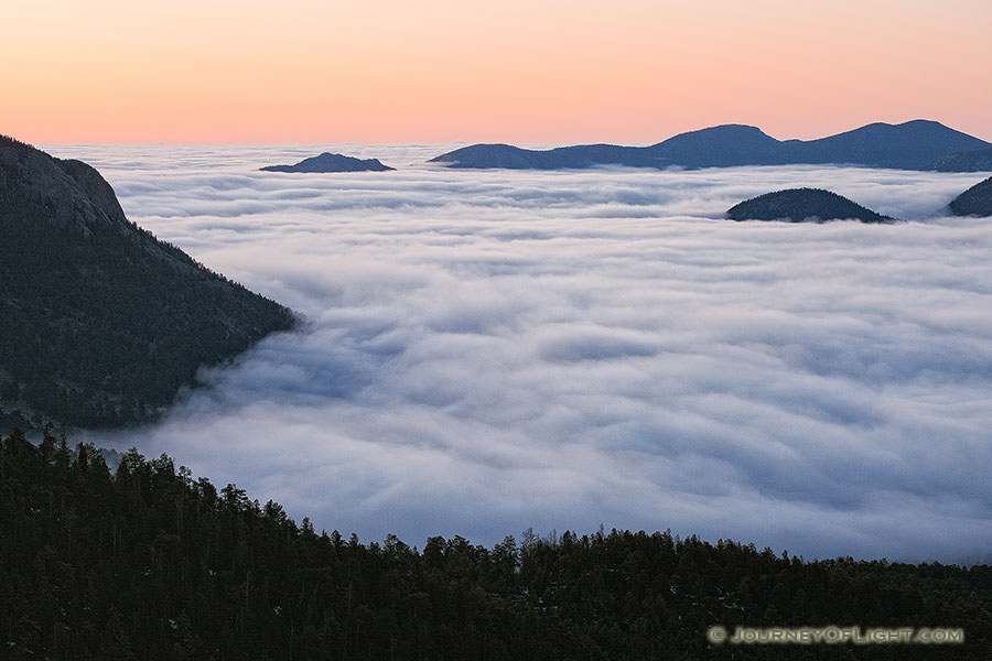 At Many Parks Curve, high in the park right before sunrise, fog rolls through Moraine Park in Rocky Mountain National Park, Colorado. - Rocky Mountain NP Photography