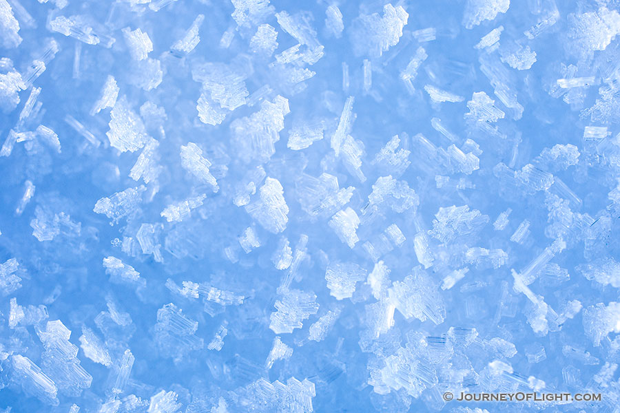 Different shapes and sizes of snowflakes stick to the top of a snow bank, each one glistening in the early morning sun. - Nebraska Photography