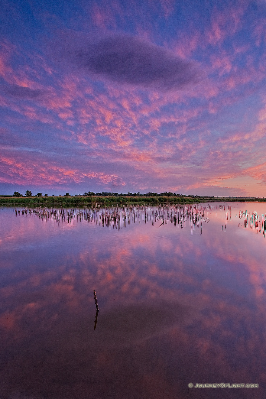 This photograph captures the light from the setting sun illuminating the underside of the higher clouds as a lone cloud floats through the scene. - Jack Sinn Picture