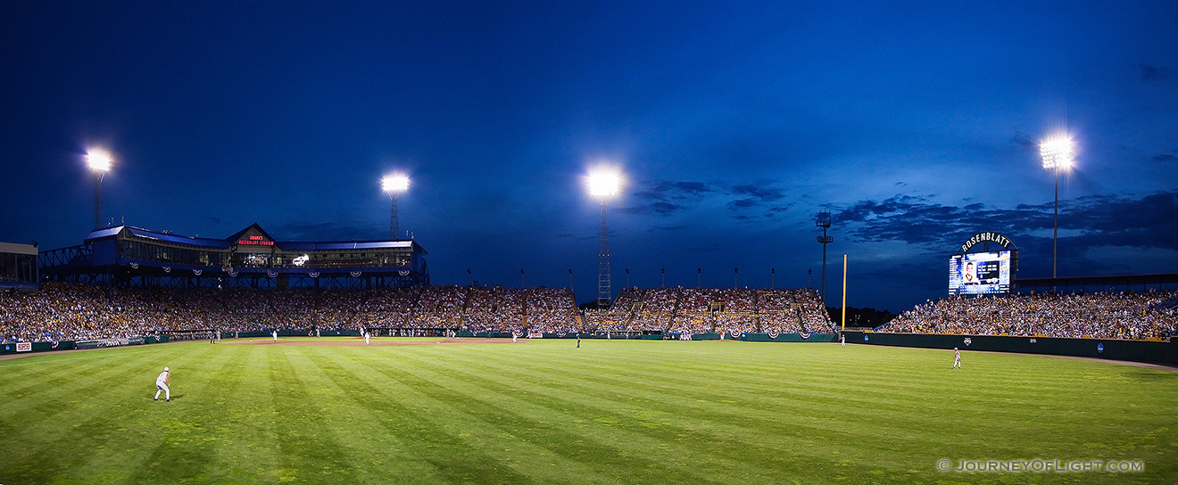 Taken at Rosenblatt Stadium in Omaha during Game 4 of the 2009 College World Series, Texas took on Southern Mississippi.  This photograph is a combination of 2 exposures stitched together. - Omaha Picture